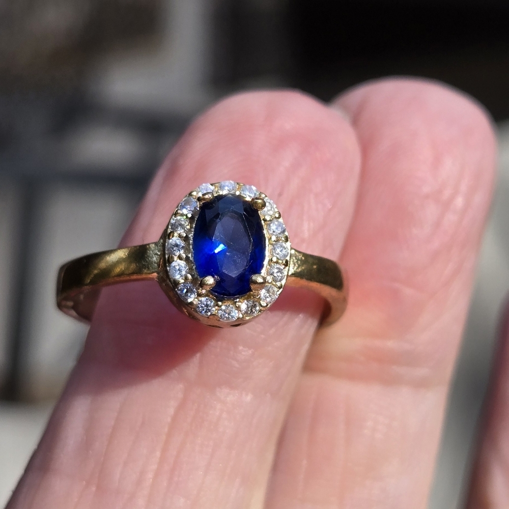 Sapphire & white topaz Sterling & Gold princess ring 8.5